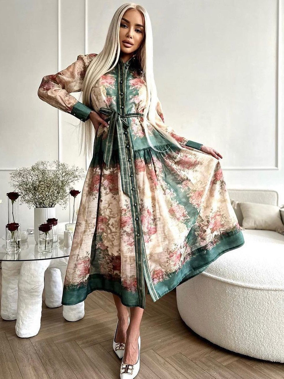 Multicolour Button Down Dress with Belt