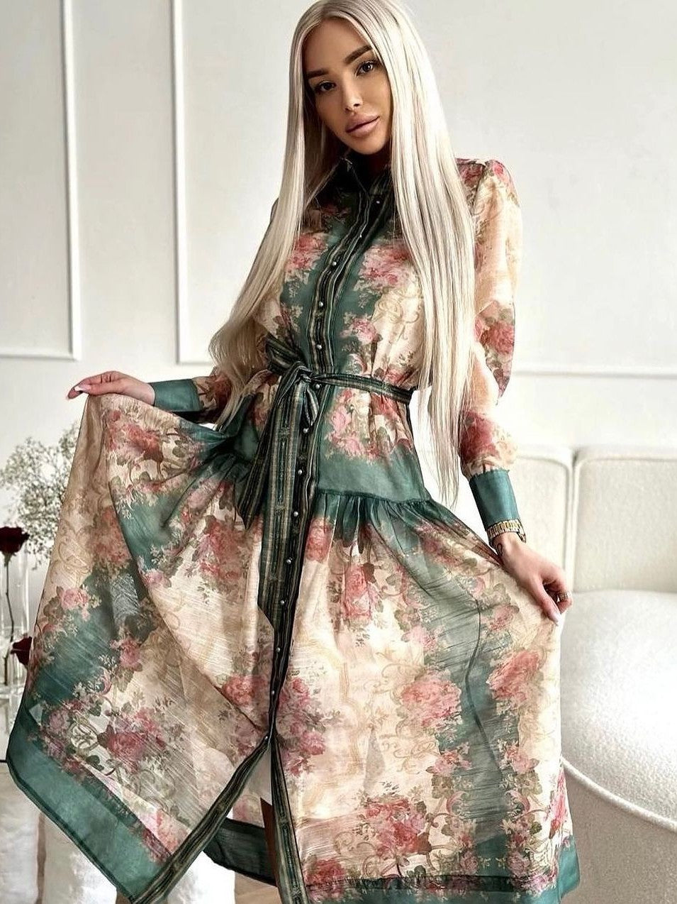 Multicolour Button Down Dress with Belt