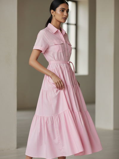 Button Down Collared Maxi Dress in pink by Exclusives with belt and tiered skirt