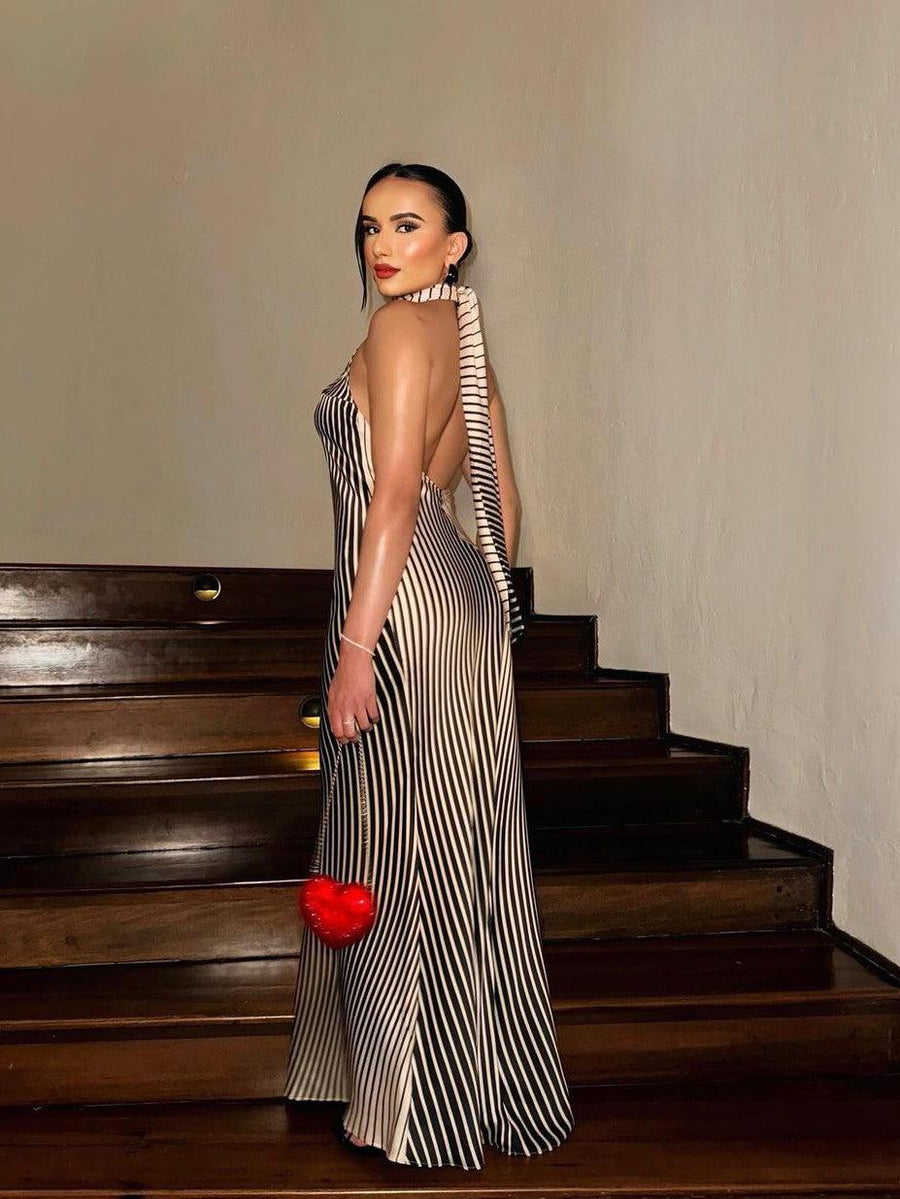 Halterneck Stripe Maxi Knotted Dress