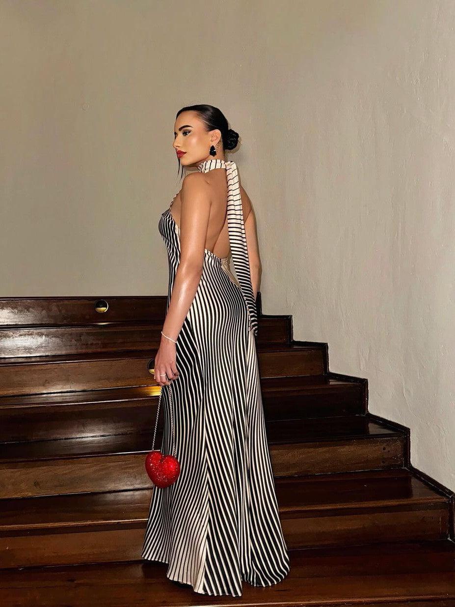 Halterneck Stripe Maxi Knotted Dress