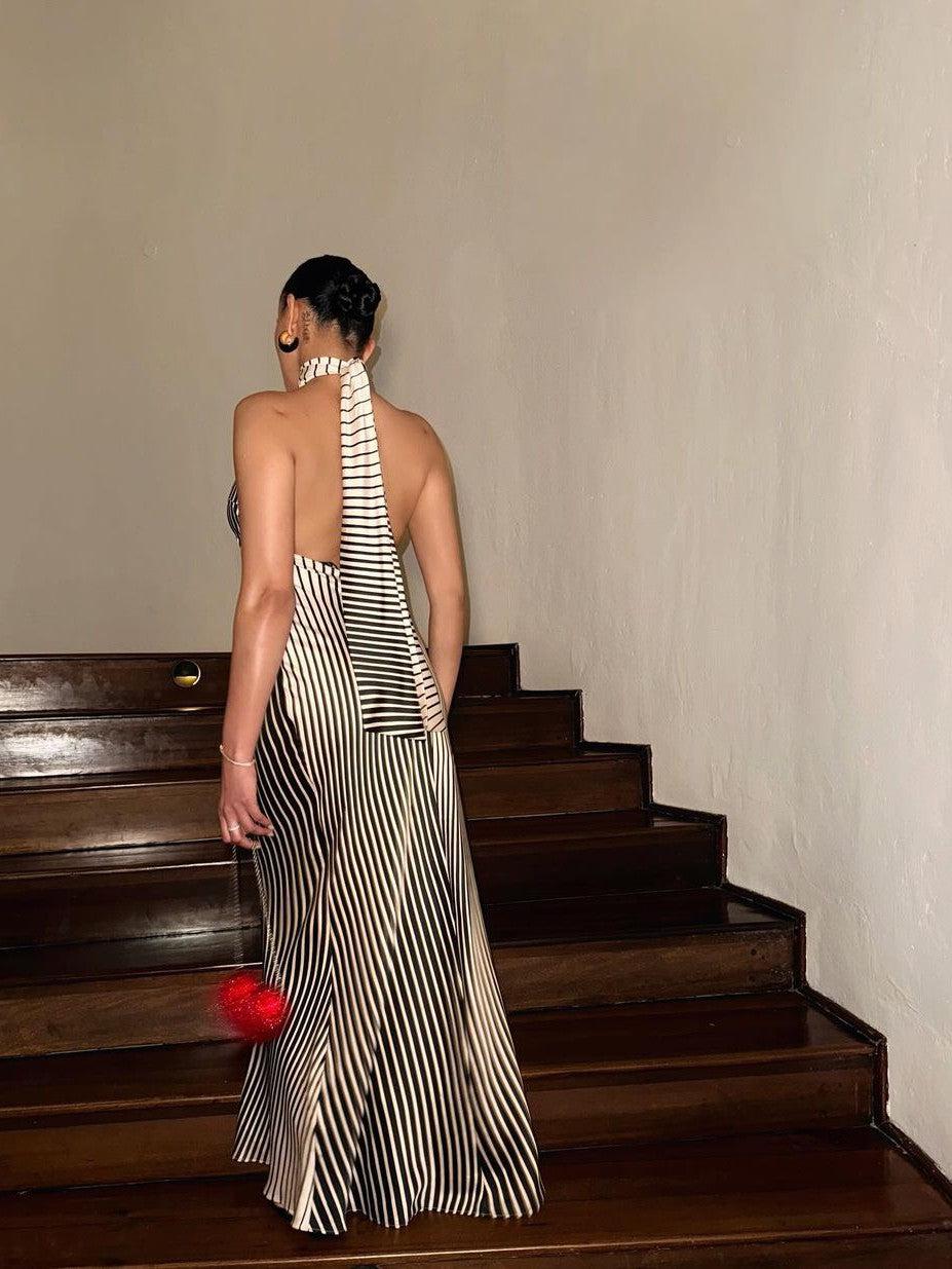 Halterneck Stripe Maxi Knotted Dress