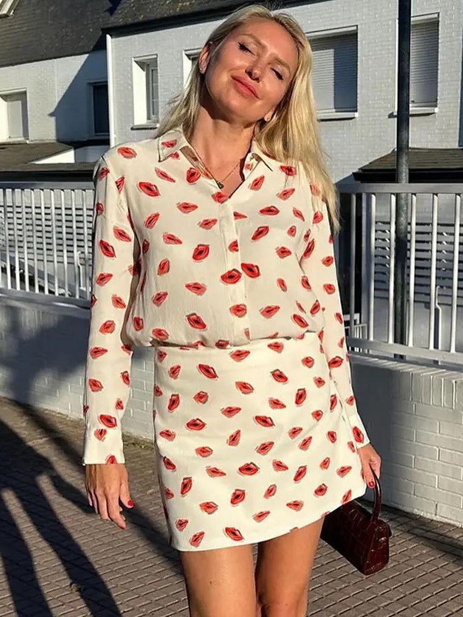 Lips Print Full Sleeves Shirt and Skirt Coord