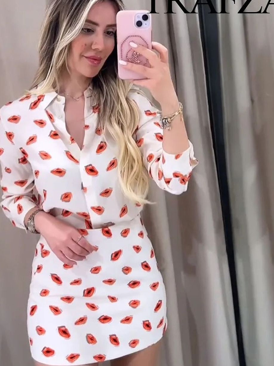 Lips Print Full Sleeves Shirt and Skirt Coord