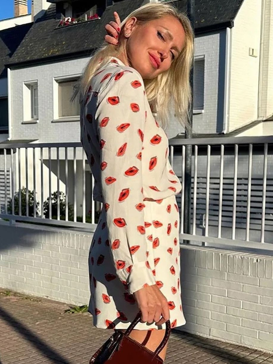 Lips Print Full Sleeves Shirt and Skirt Coord