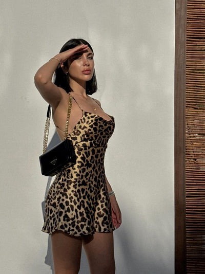 Leopard Print Cowl Neck Slip Mini Dress
