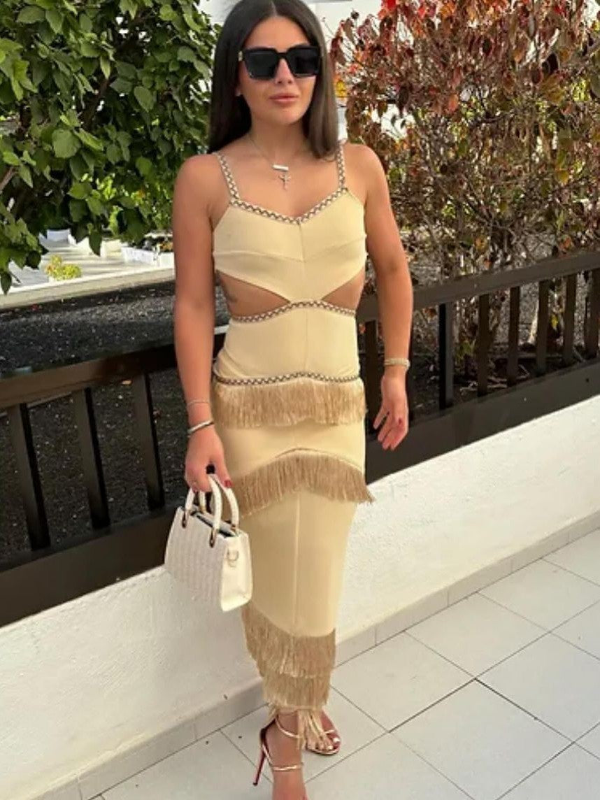 Spaghetti Strap Cutout Tassel Dress
