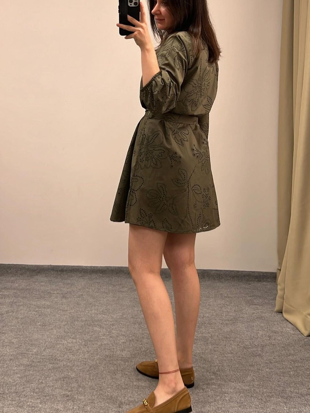 Green Short Cotton Dress with Belt