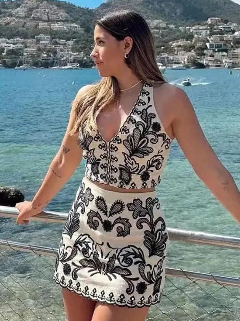 Halterneck Embroidered Top & Short Skirt Coord Set