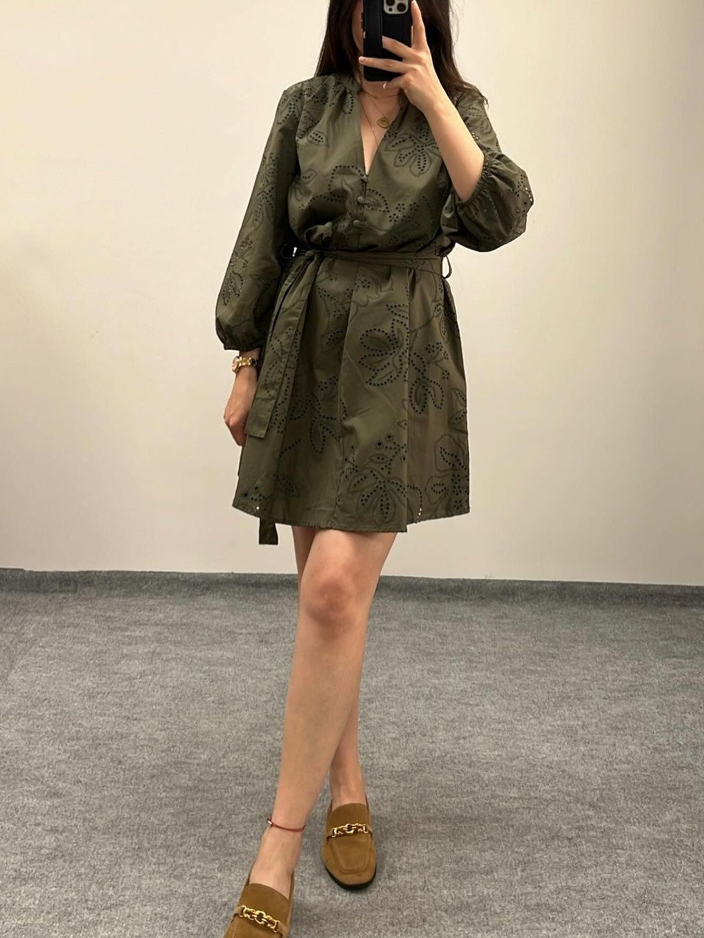 Green Short Cotton Dress with Belt