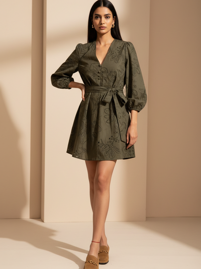 Dresses on sale: EXCLUSIVES green short cotton dress with belt
