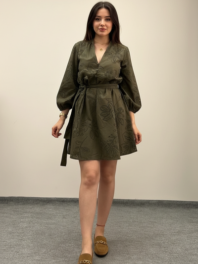 DRESS EXCLUSIVES: green short cotton dress with belt, olive-green puff sleeves