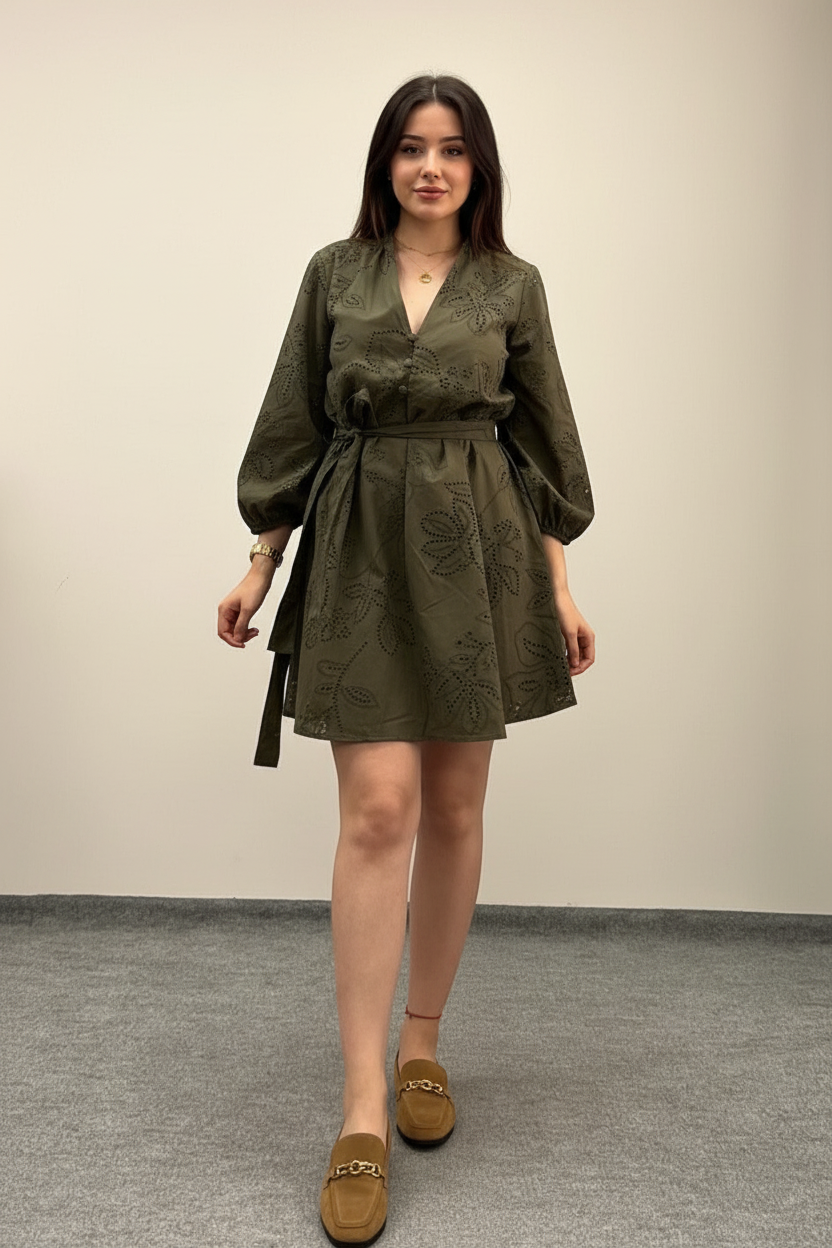 DRESS EXCLUSIVES: green short cotton dress with belt, olive-green puff sleeves