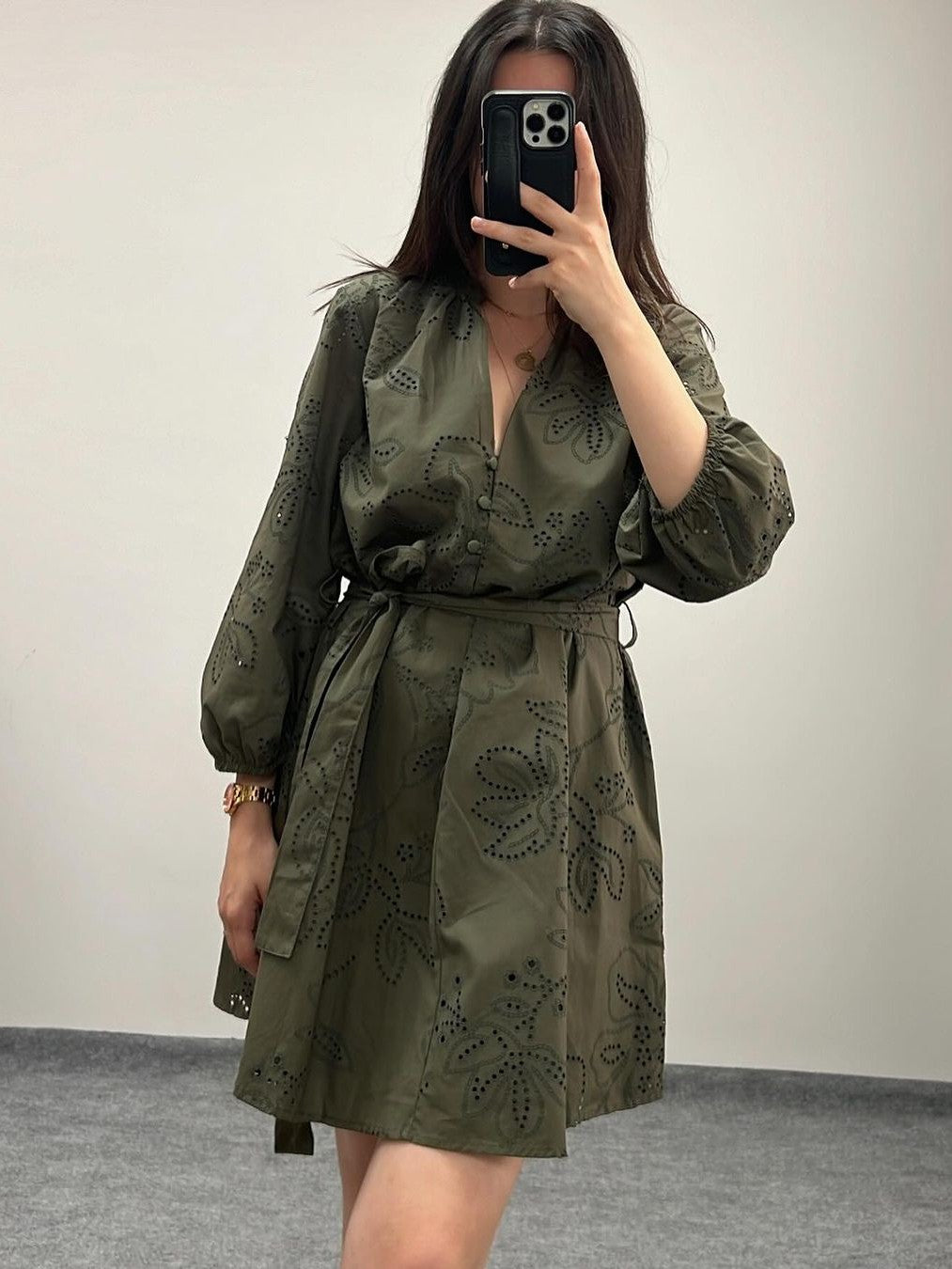 Green Short Cotton Dress with Belt