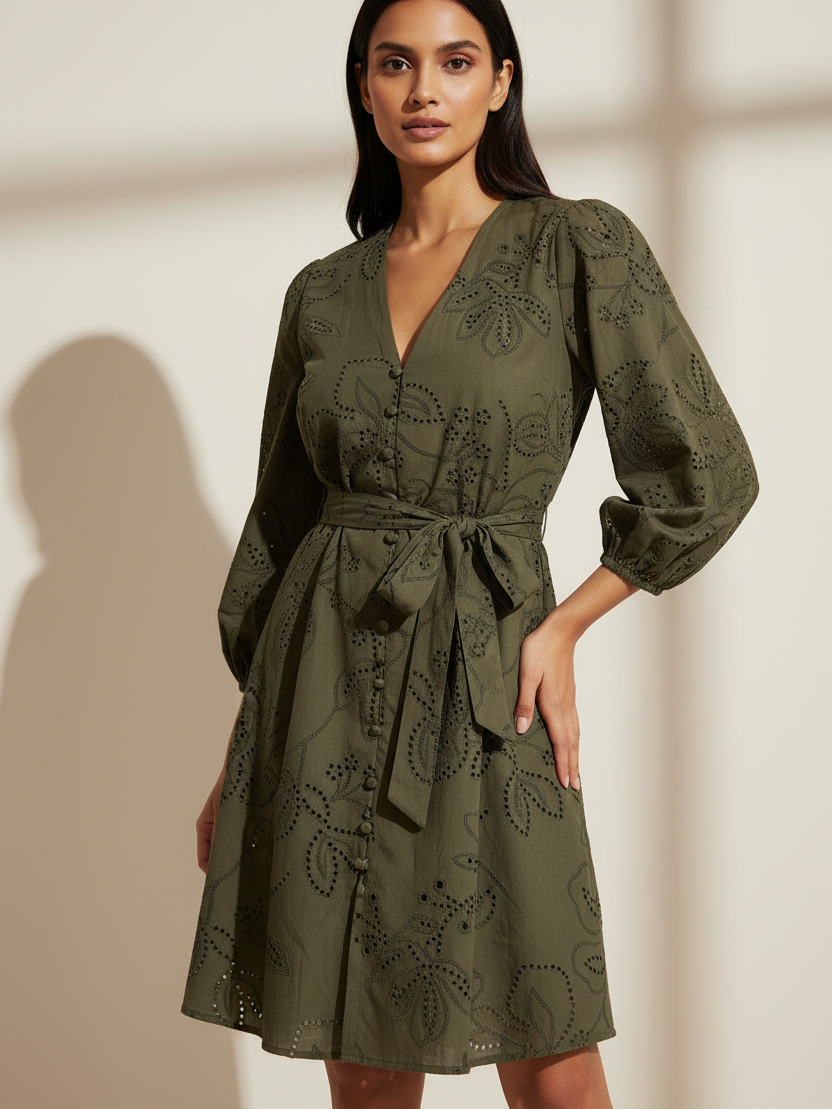 EXCLUSIVES green short cotton dress with belt and eyelet embroidery.