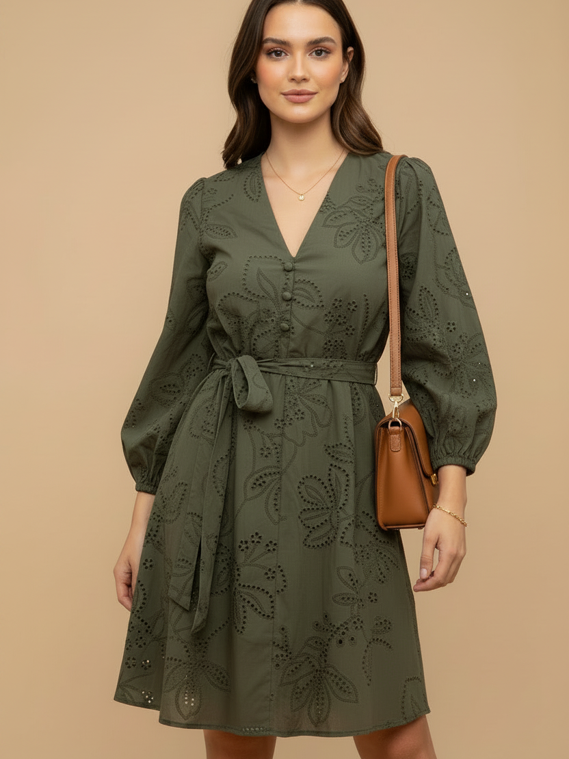 Green short cotton dress with belt by EXCLUSIVES, V-neckline and eyelet embroidery