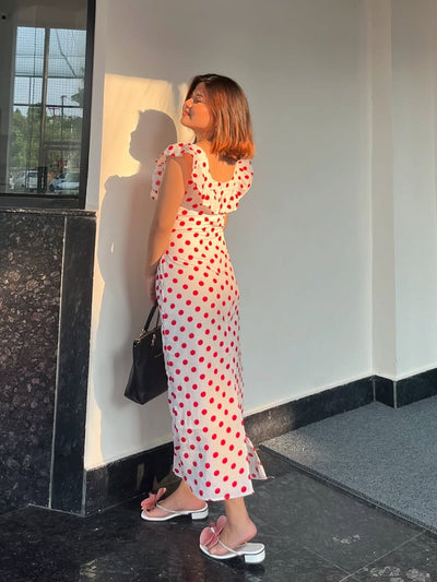 Polka Dot Ruffle Tie Back Midi Dress