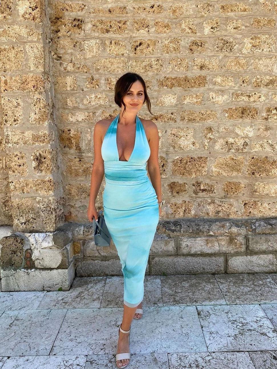 Halterneck Tie Dye Print Backless Dress