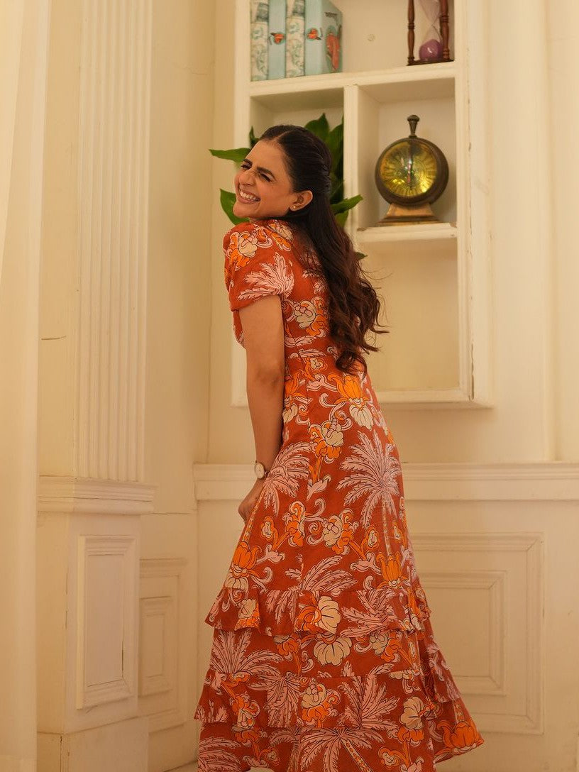 V Neck Printed Midi Dress