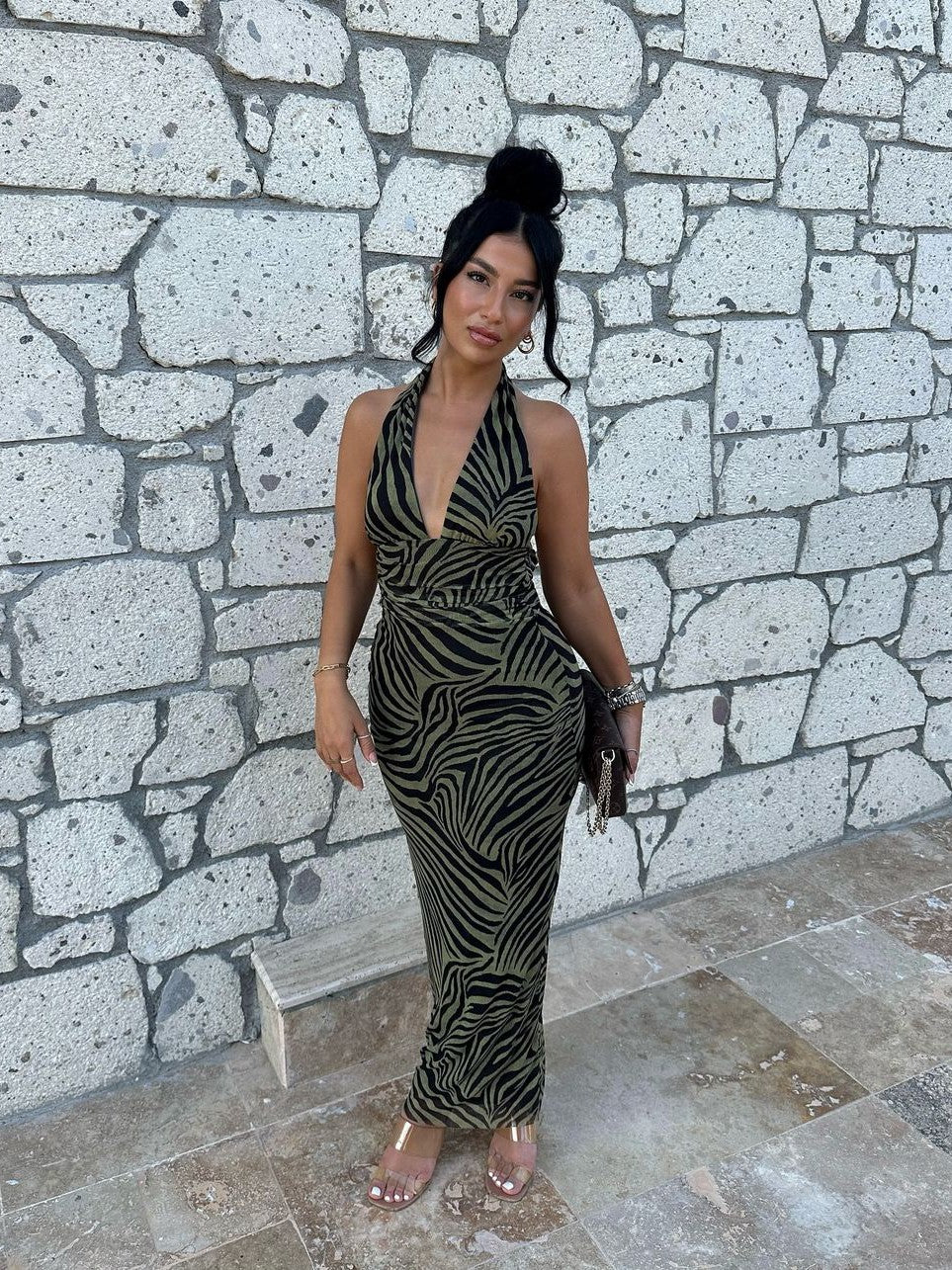 Animal Print Halterneck Backless Ruched Dress Animal Print Halterneck Backless Ruched Dress