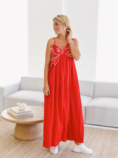 Fish Applique Spaghetti Strap V Neck Maxi Dress