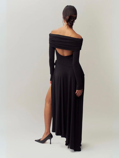 Off Shoulder Bow Applique Slit Maxi Dress