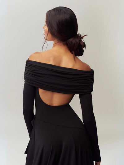 Off Shoulder Bow Applique Slit Maxi Dress