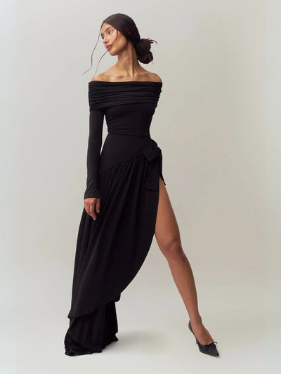 Off Shoulder Bow Applique Slit Maxi Dress