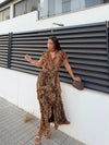 Animal Print Short Sleeves Cutout Ruffle Maxi Dress