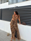 Animal Print Short Sleeves Cutout Ruffle Maxi Dress