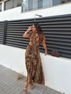 Animal Print Short Sleeves Cutout Ruffle Maxi Dress