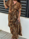 Animal Print Short Sleeves Cutout Ruffle Maxi Dress