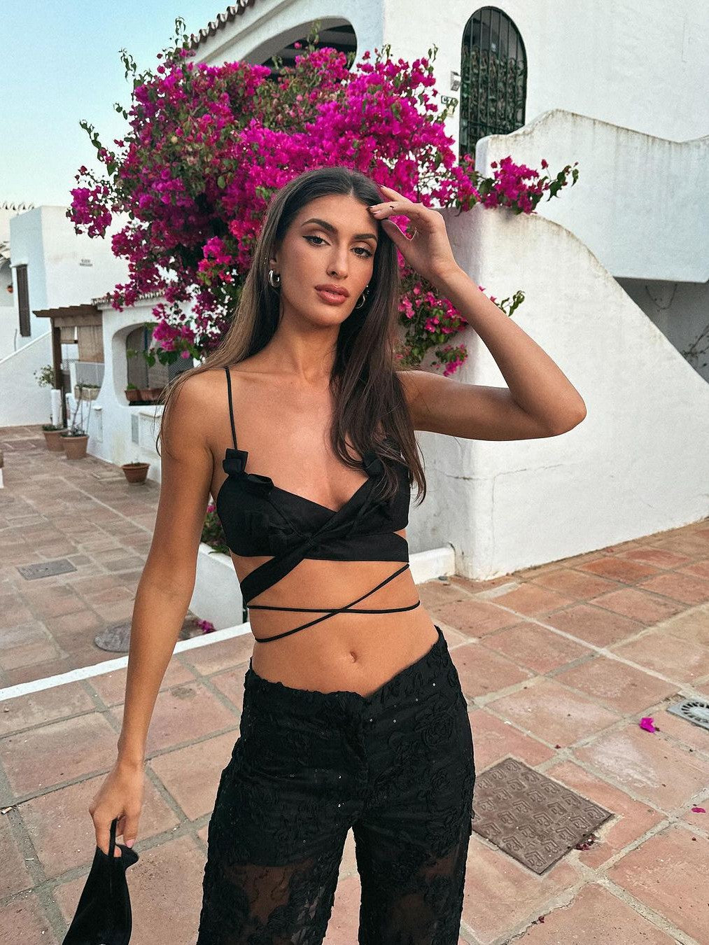 Crema Flower Applique Camisole Tied Backless Tank Top