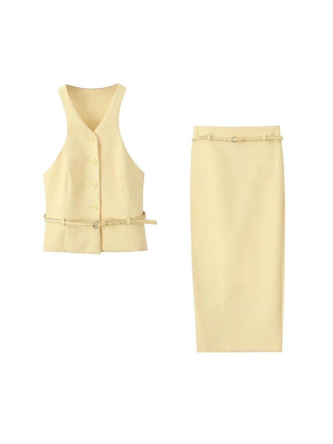 Sleevless Belted Vest Waist Coat & Pencil Skirt Coord Set