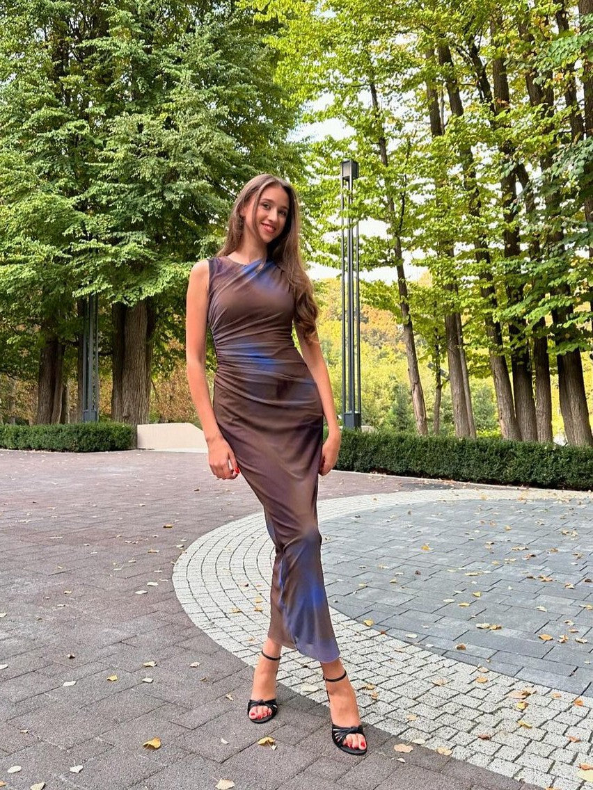 Tie Dye Print Sleeveless Ruched Dress