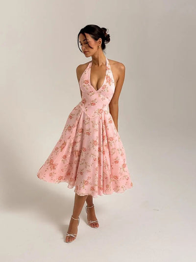 Floral Print V Neck Halter French Midi Dress