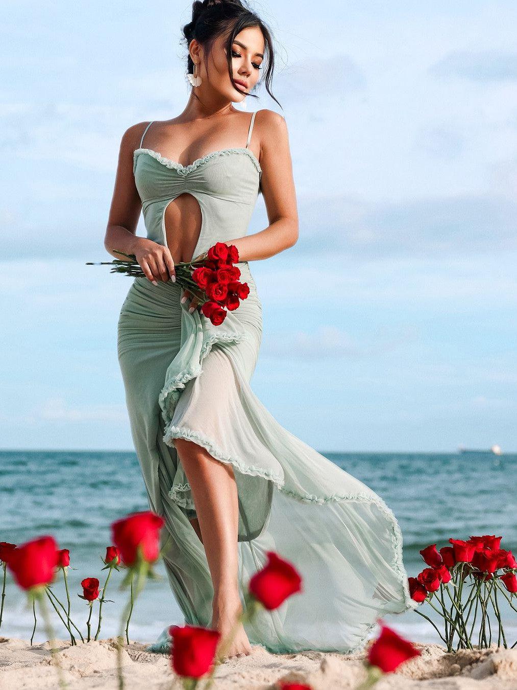 spaghetti strap plain ruffle ruched maxi a-line dress Yilda - Spaghetti Strap Plain Ruffle Ruched Maxi A-Line Dress