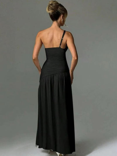 Sling One Shoulder Ruched High Slit Maxi Dress