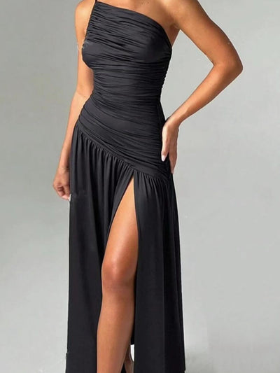 Sling One Shoulder Ruched High Slit Maxi Dress