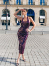 Burgundy Halterneck Sequins Slit Dress