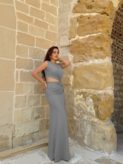 Deep V-neck hollow-out cutout slim gray maxi dress on sale