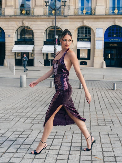 Burgundy Halterneck Sequins Slit Dress