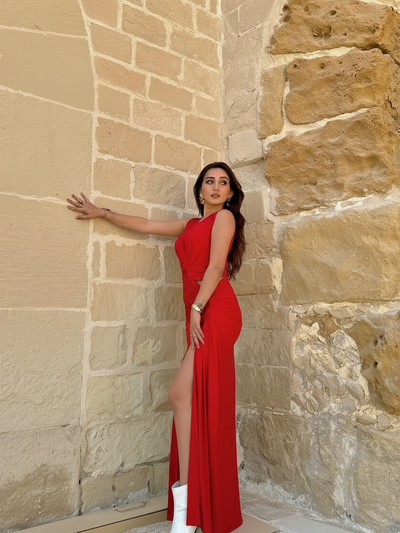 Deep V Neck Hollow Out Cutout Out Slit Slim Maxi Dress in red