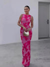 Pink Mesh 3D Applique Plate Floral Sheath Dress