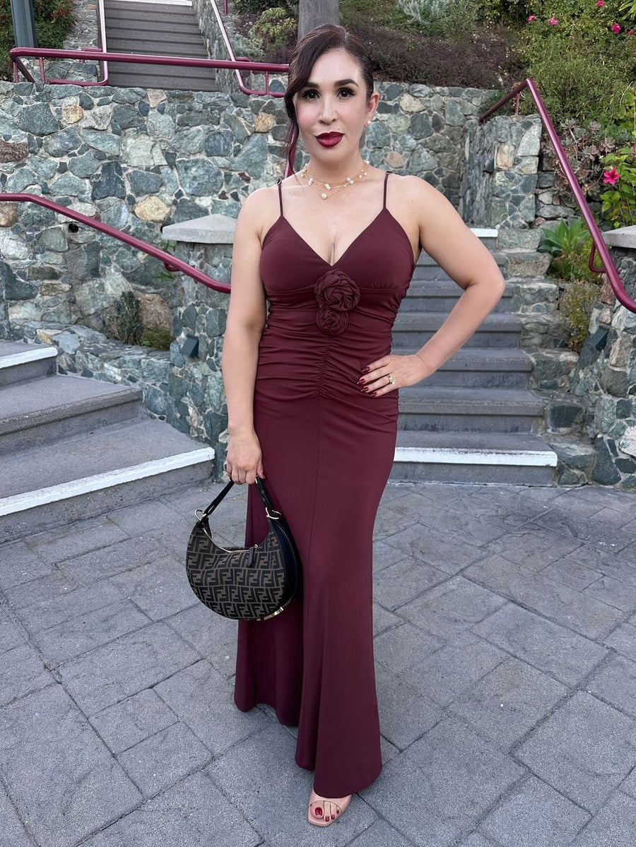 Spaghetti Srap Flower Applique Ruched Maxi Dress