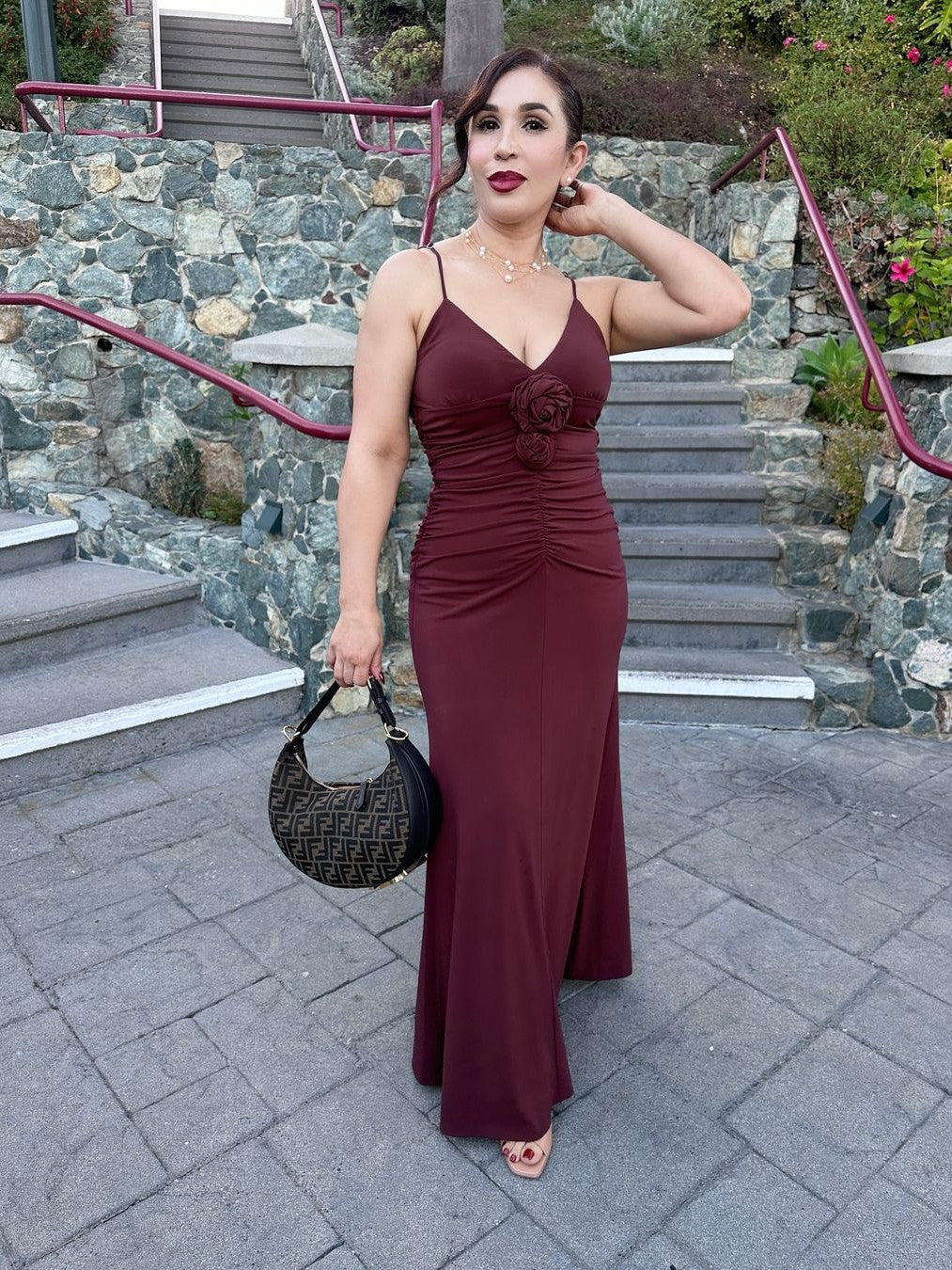 Spaghetti Srap Flower Applique Ruched Maxi Dress