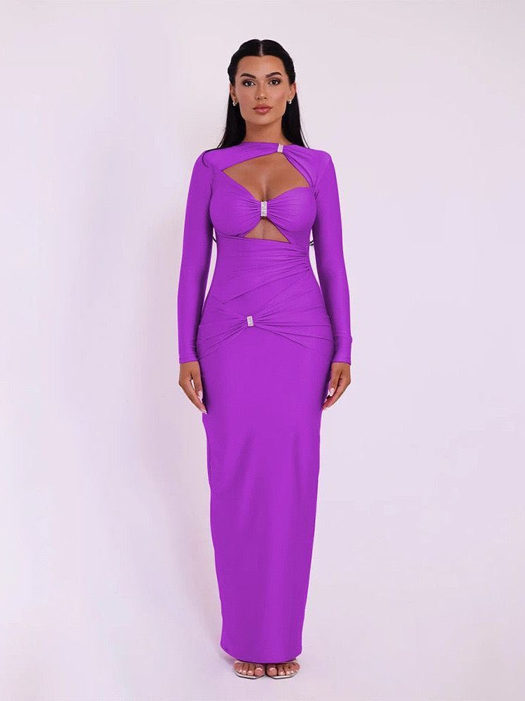 Rhinestone Ring Full Sleeves Cutout Maxi Dress