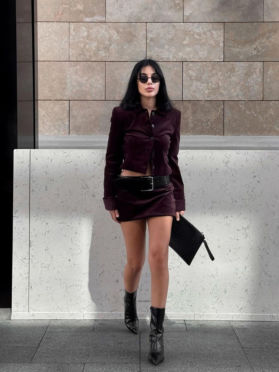 Velvet Jacket & Short Skirt With Belt Coord Set