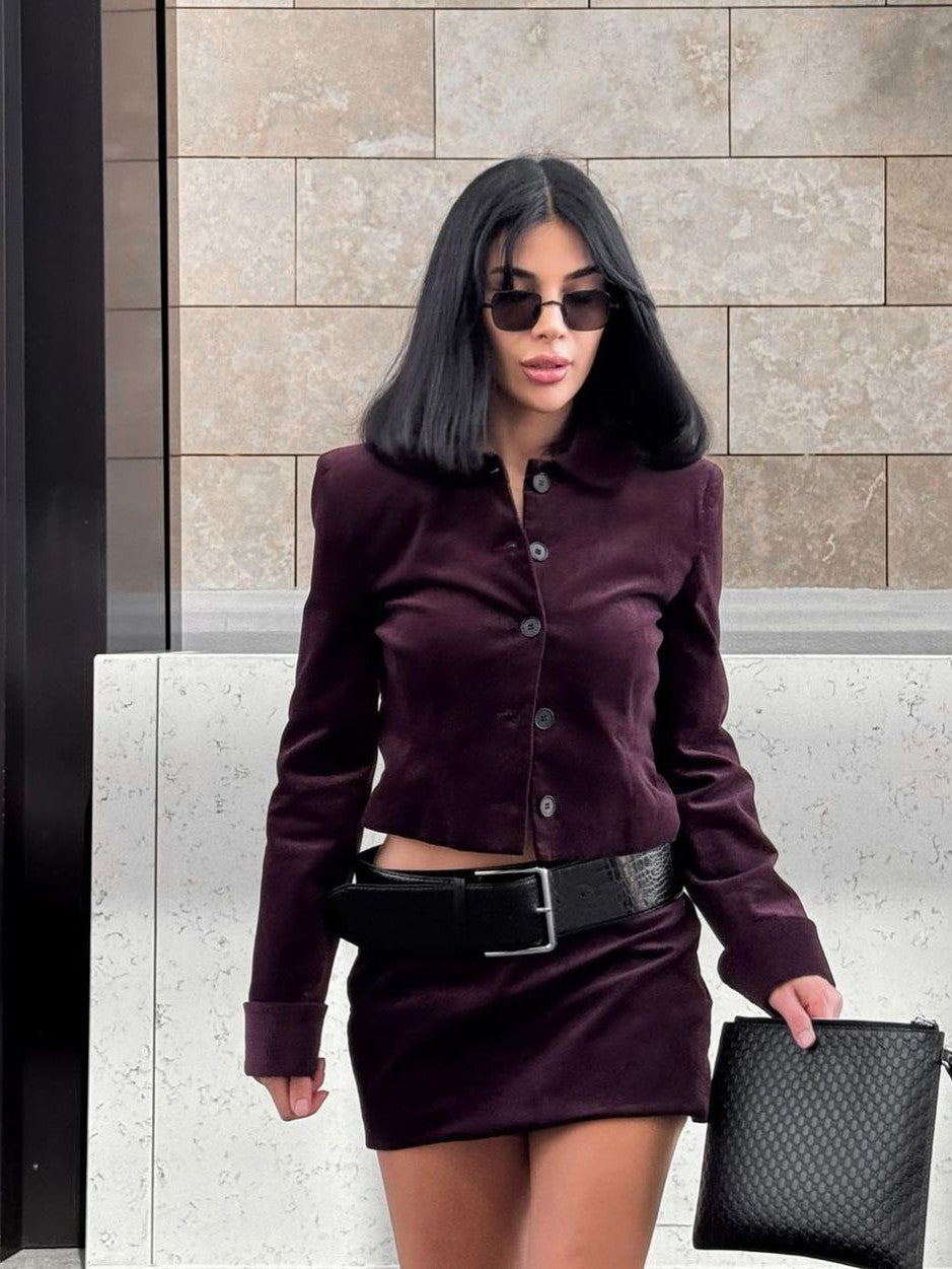 Velvet Jacket & Short Skirt With Belt Coord Set