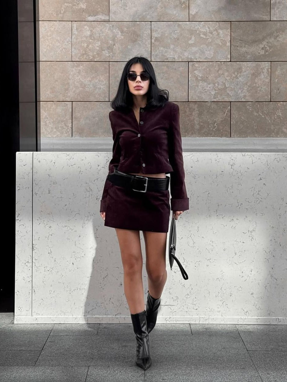 Velvet Jacket & Short Skirt With Belt Coord Set